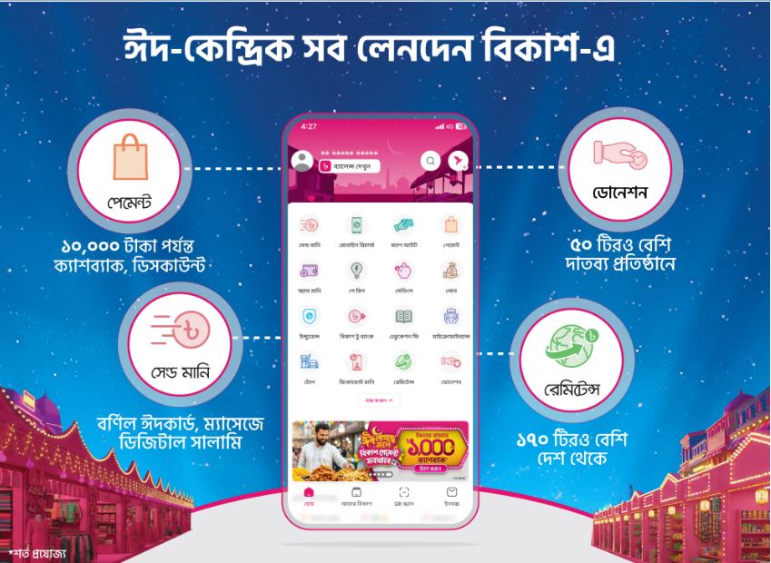 কেনাকাটার পেমেন্ট, জাকাত-অনুদান, রেমিটেন্স, সালামি- ঈদ-কেন্দ্রিক সব লেনদেন বিকাশে